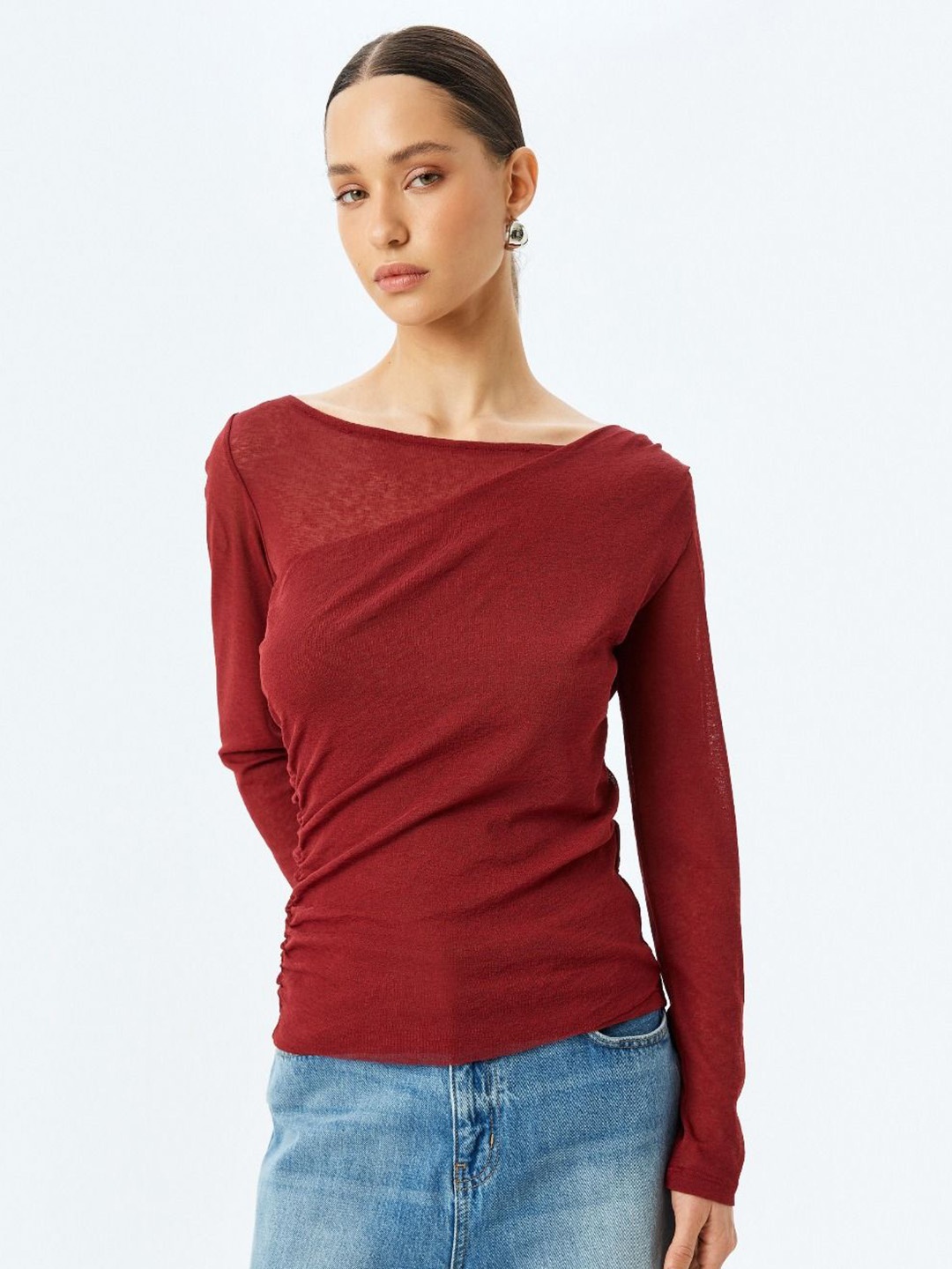 

Koton Women V-Neck Extended Sleeves Pockets T-shirt, Maroon