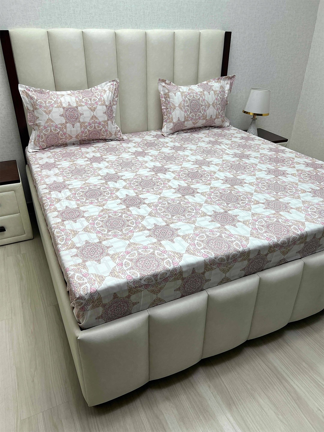 

Pure Decor Pink & Grey Ethnic Motifs 300 TC Queen Bedsheet with 2 Pillow Covers