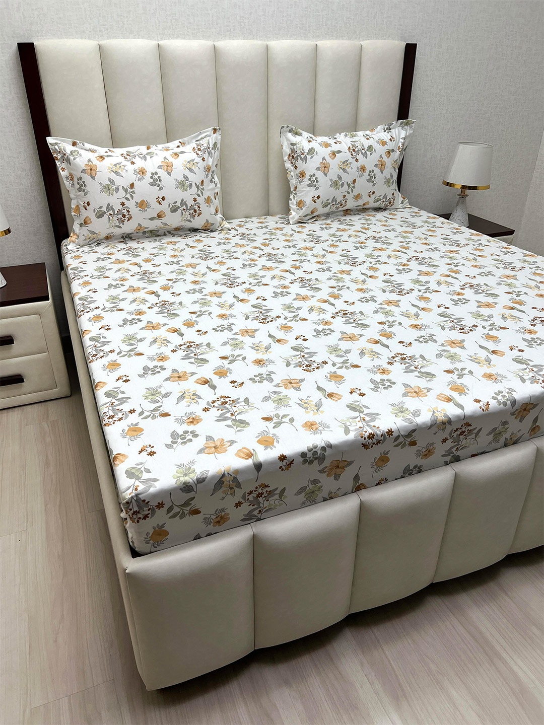 Pure Decor White & Grey Floral 300 TC Queen Bedsheet with 2 Pillow Covers