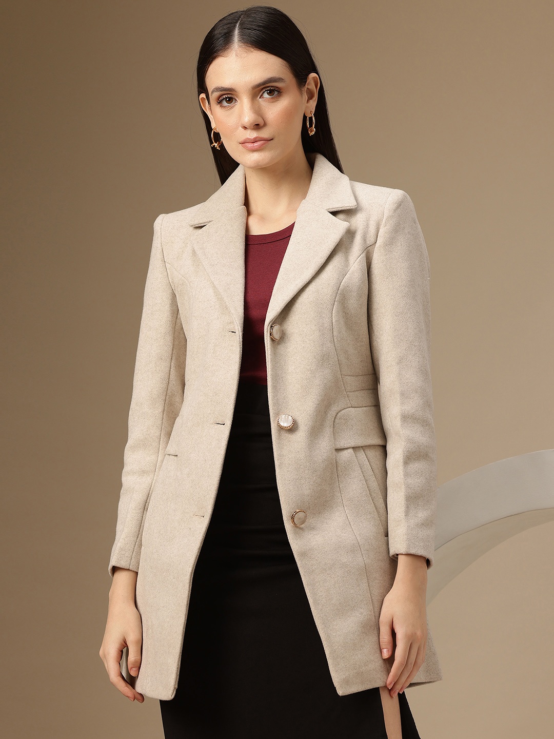 

Chemistry Single-Breasted Woollen Tweed Longline Overcoat, Beige