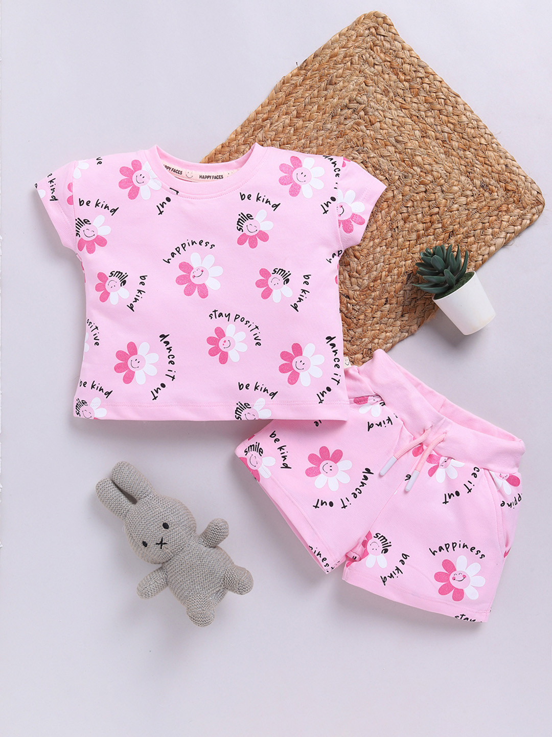 

Happy Faces Girls Floral & Typography Printed Pure Cotton T-shirt with Shorts, Pink