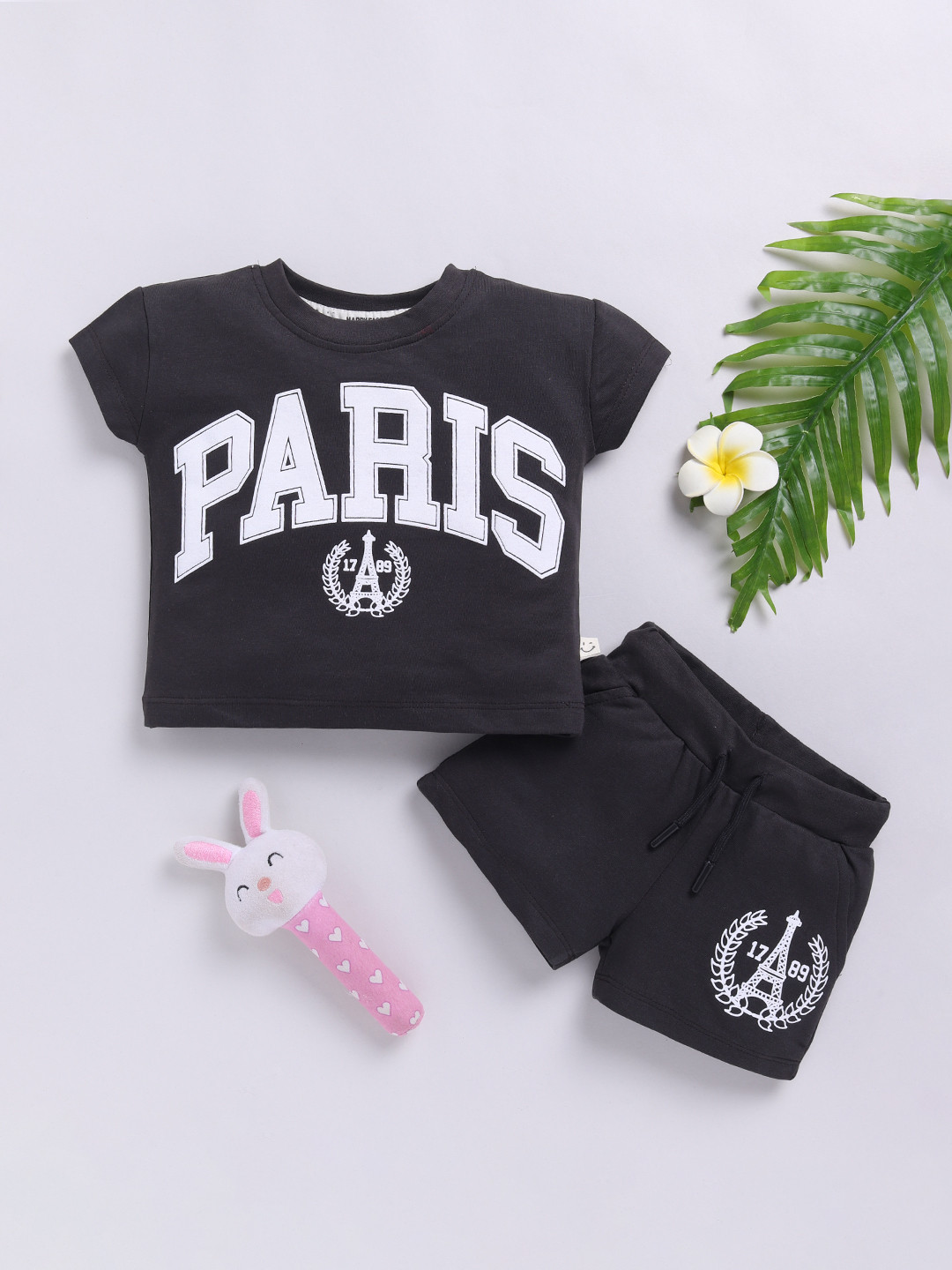 

Happy Faces Girls Paris Printed Pure Cotton T-shirt with Shorts, Charcoal