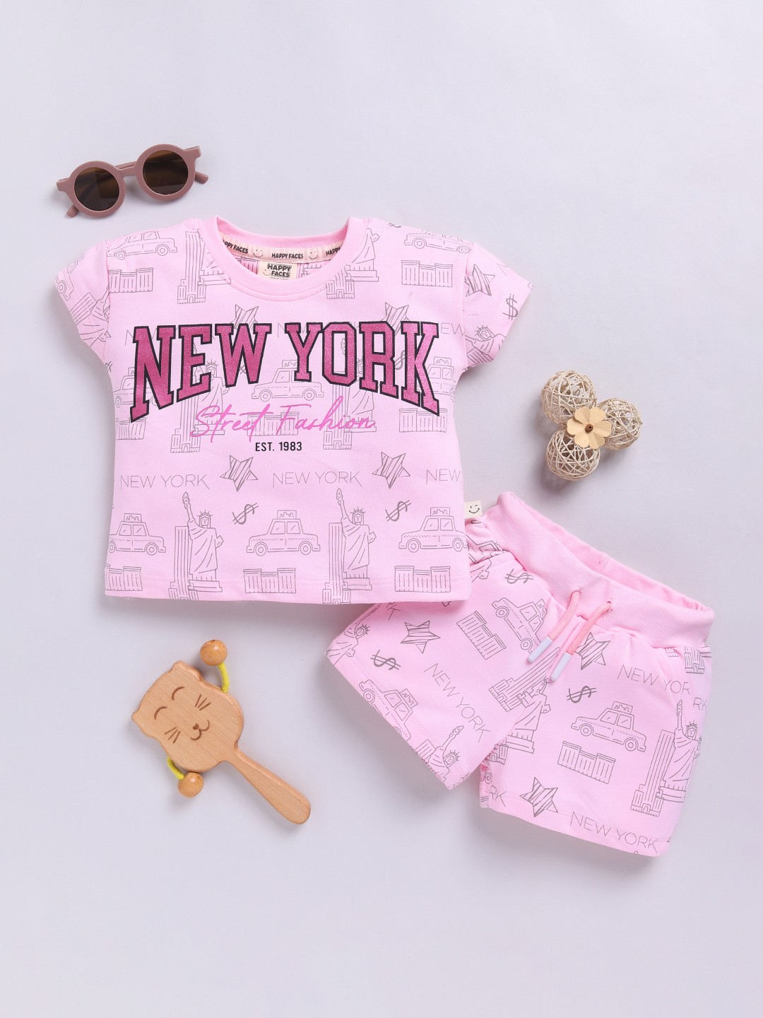 

Happy Faces Girls New York Printed Pure Cotton T-shirt with Shorts, Pink