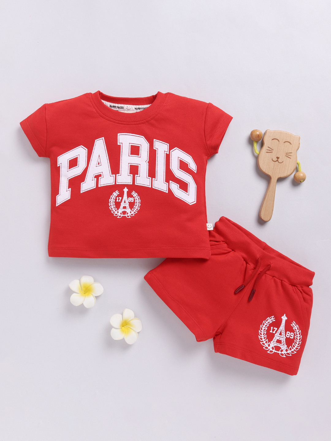 

Happy Faces Girls Paris Printed Pure Cotton T-shirt with Shorts, Red