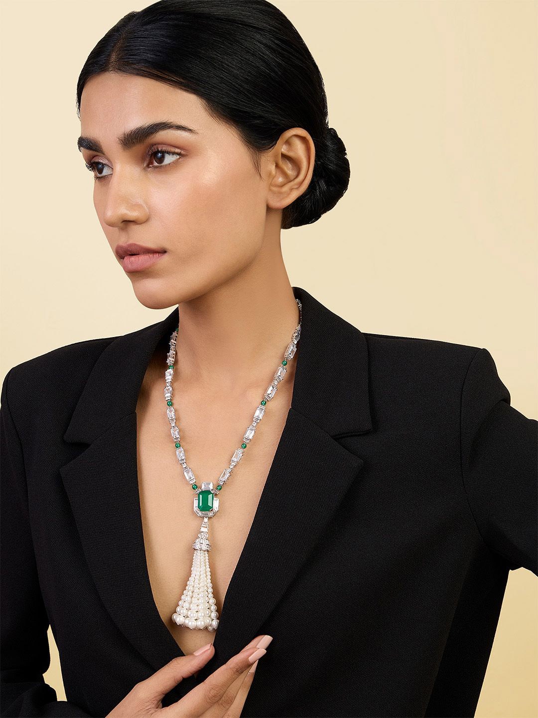 

Isharya Brass Rhodium-Plated Tasselled Necklace, Green