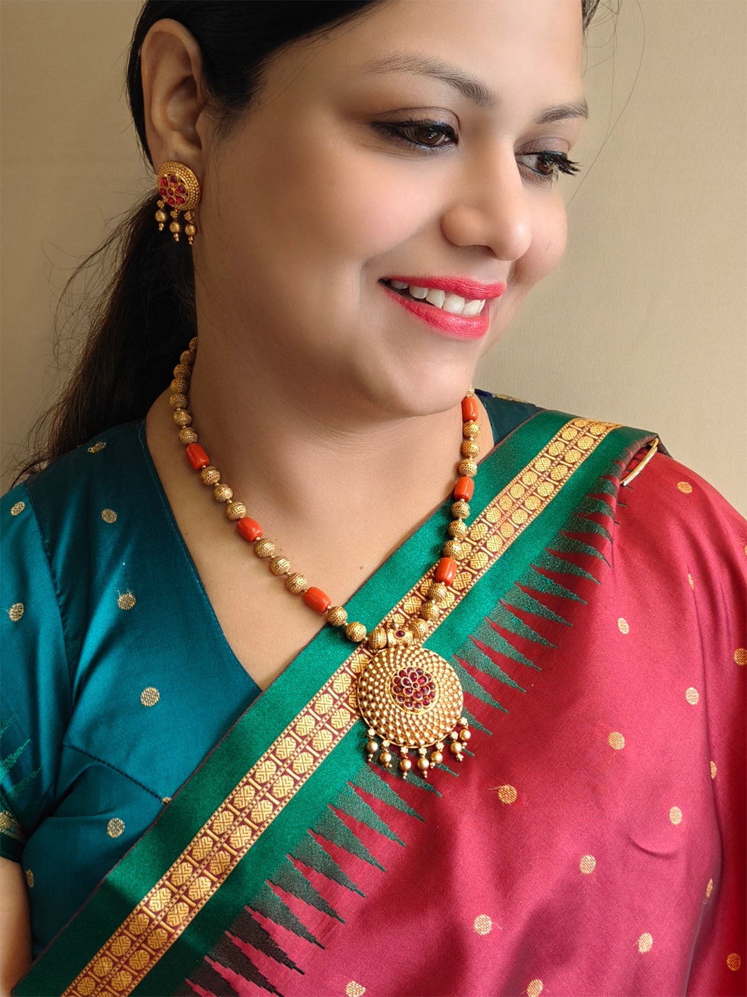 

GRIIHAM Gold Plated CZ Studded Coral Beads Long Necklace Set