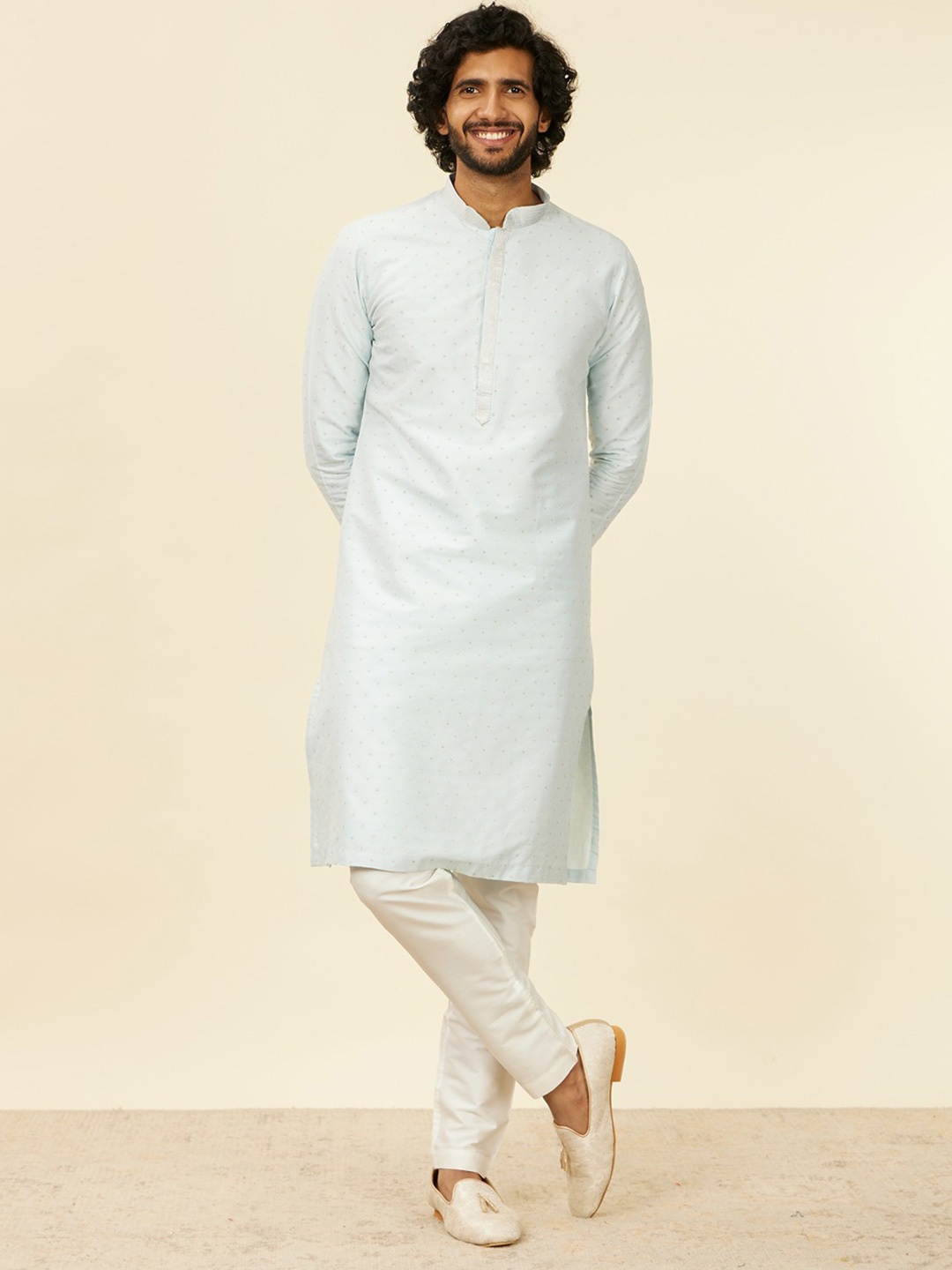 

Manyavar Men Embroidered Regular Sequinned Kurta with Pyjamas, Blue