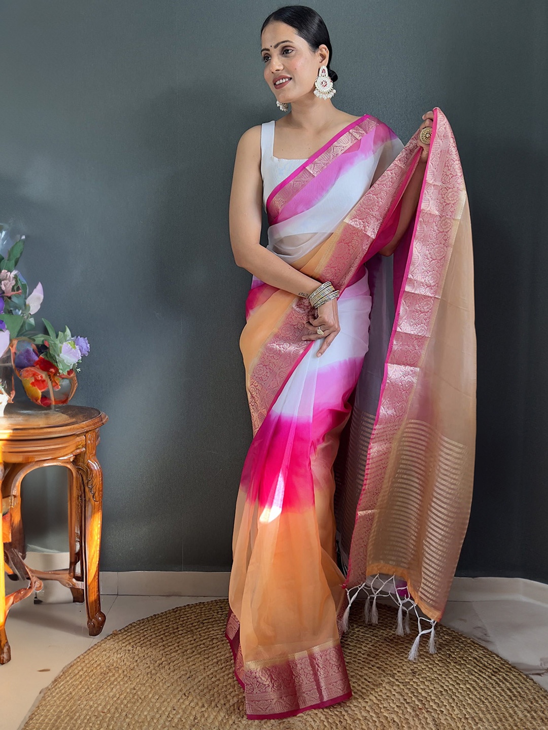 

KALINI Tie and Dye Zari Organza Leheriya Saree, Pink