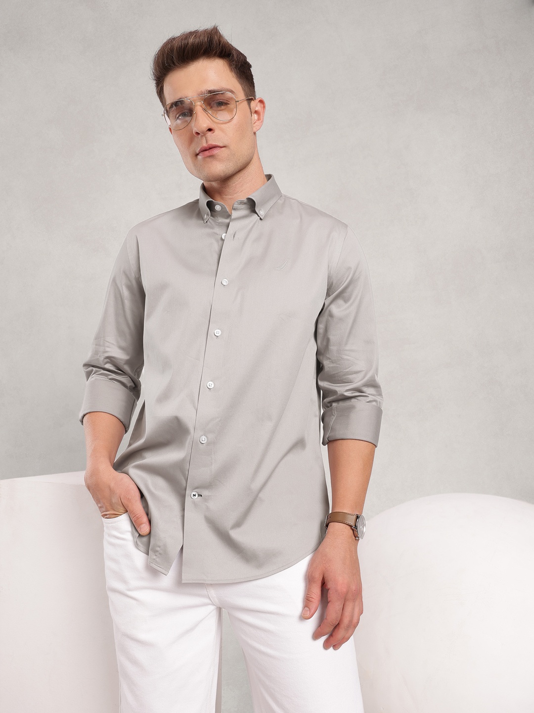 

Nautica Pure Cotton Button-Down Collar Slim Fit Casual Shirt, Grey