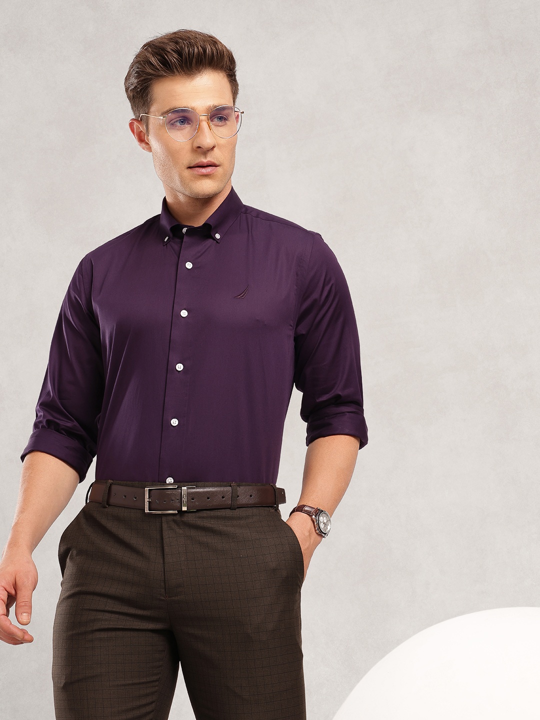 

Nautica Slim Fit Opaque Pure Cotton Formal Shirt, Purple