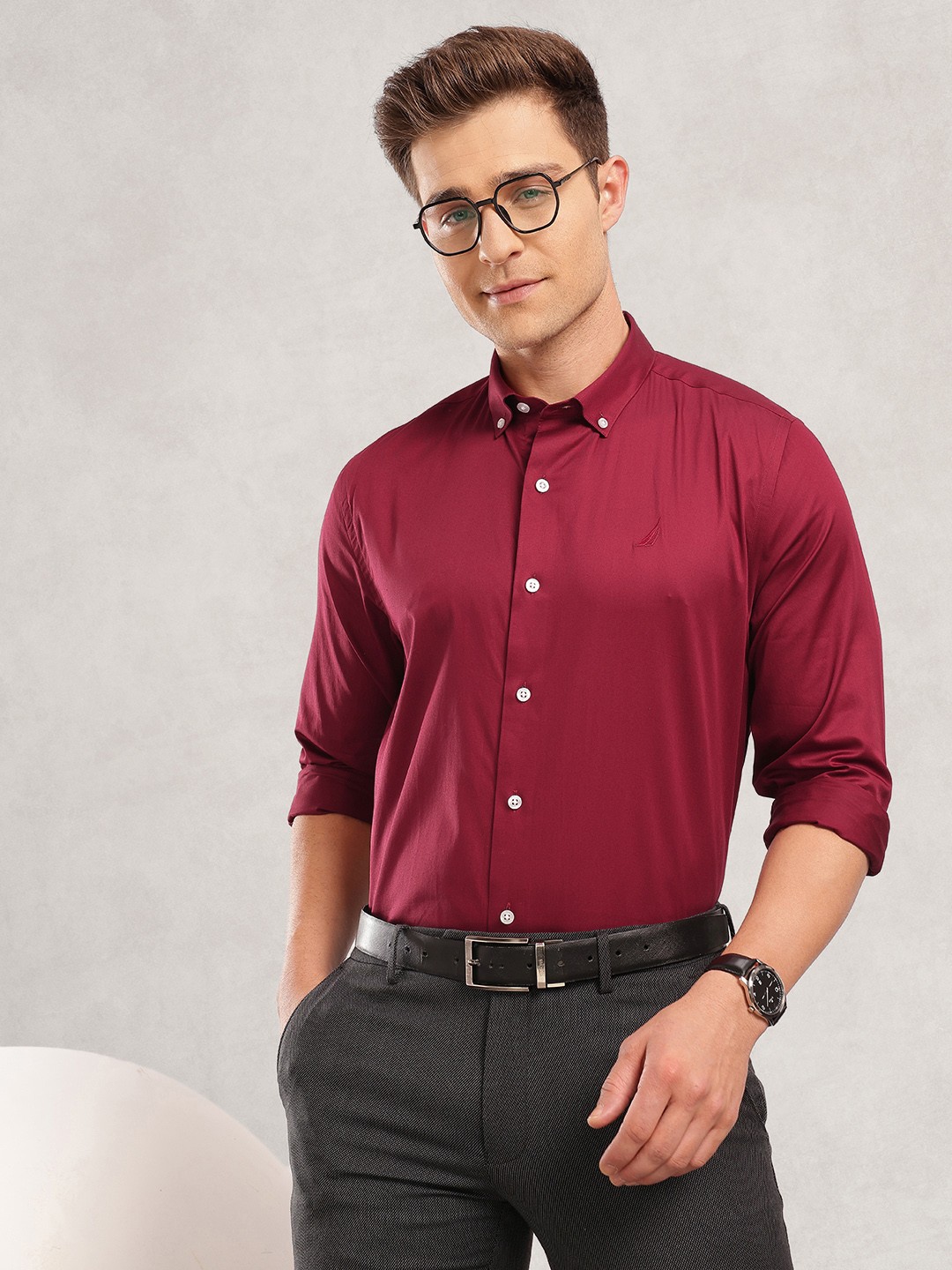 

Nautica Slim Fit Opaque Pure Cotton Formal Shirt, Maroon