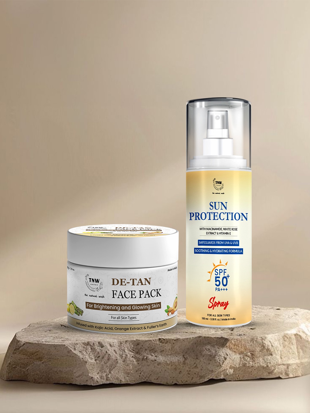 

TNW the natural wash Set of De-Tan Face Pack - 50g & Sun Protection SPF50 Spray - 100ml, Off white