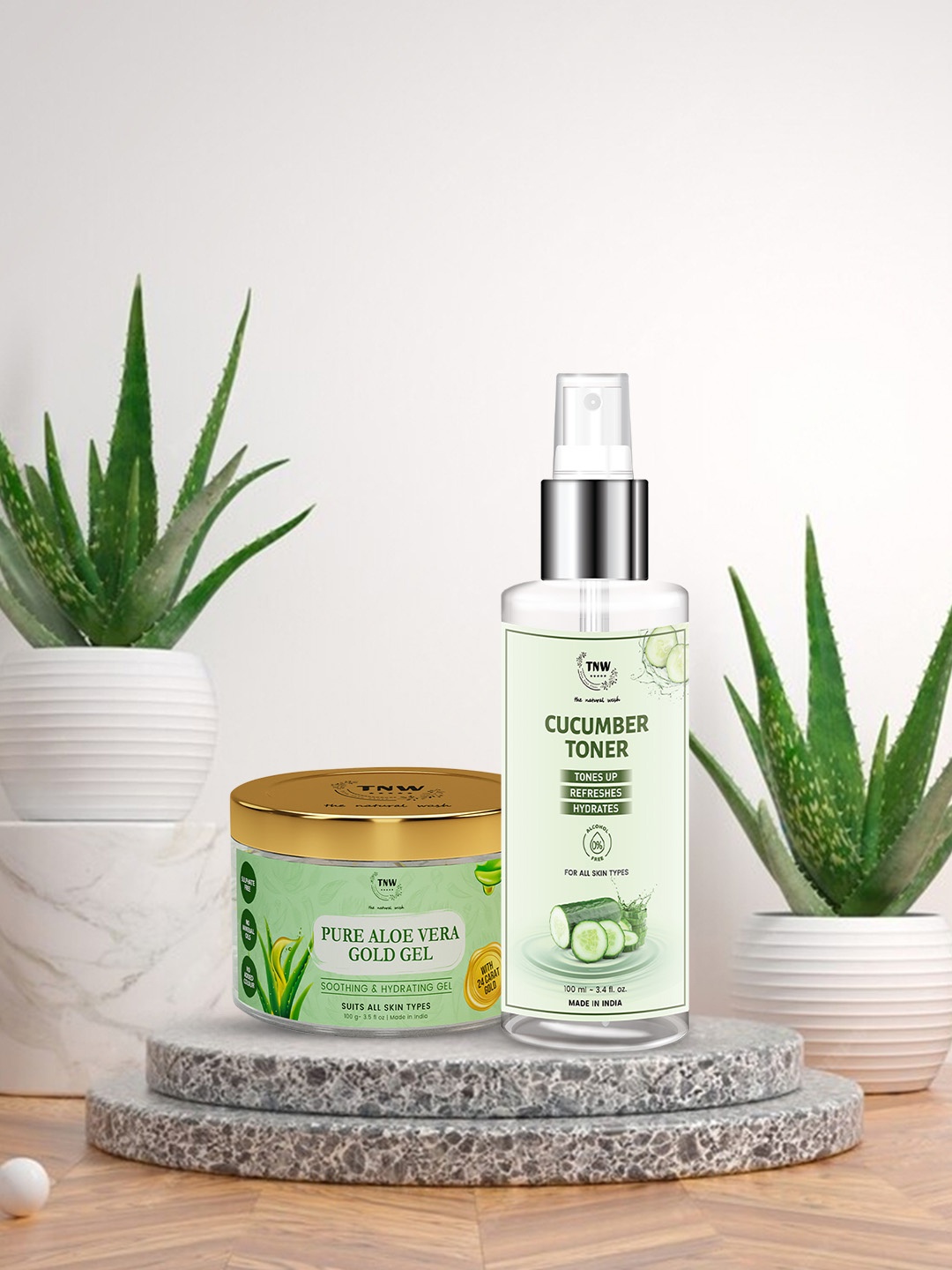 

TNW the natural wash Set of Pure Aloe Vera Gold Gel - 100g & Cucumber Toner - 100ml, Green
