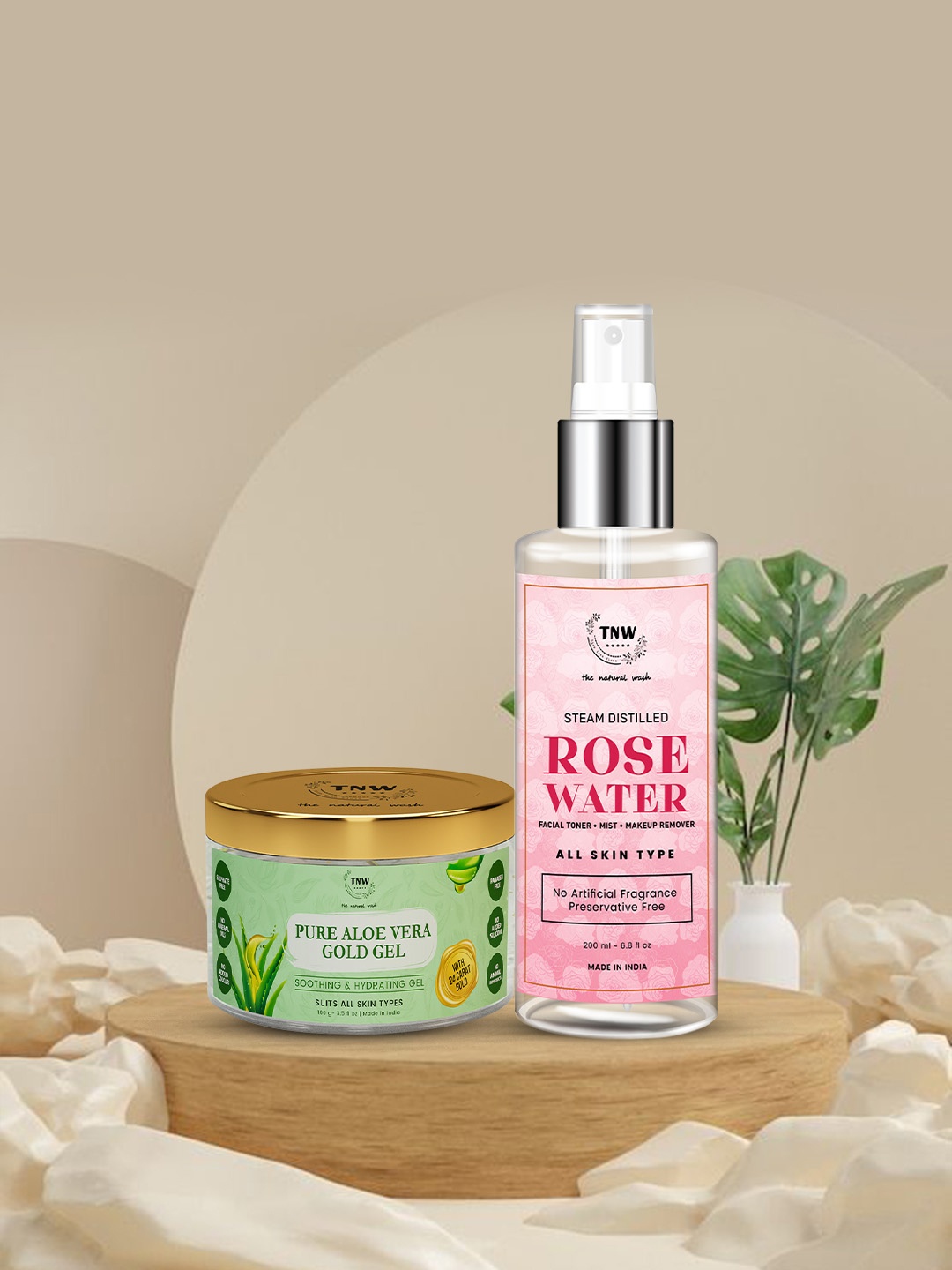 

TNW the natural wash Set of Pure Aloe Vera Gold Gel 100g & Rose Water Toner+Remover 200ml, Pink