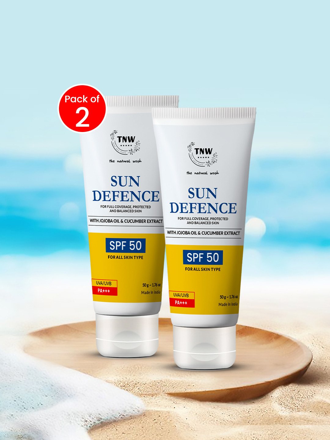 

TNW the natural wash Set of 2 Sun Defence Sunscreen SPF 50 Protection Cream - 50 g each, Yellow