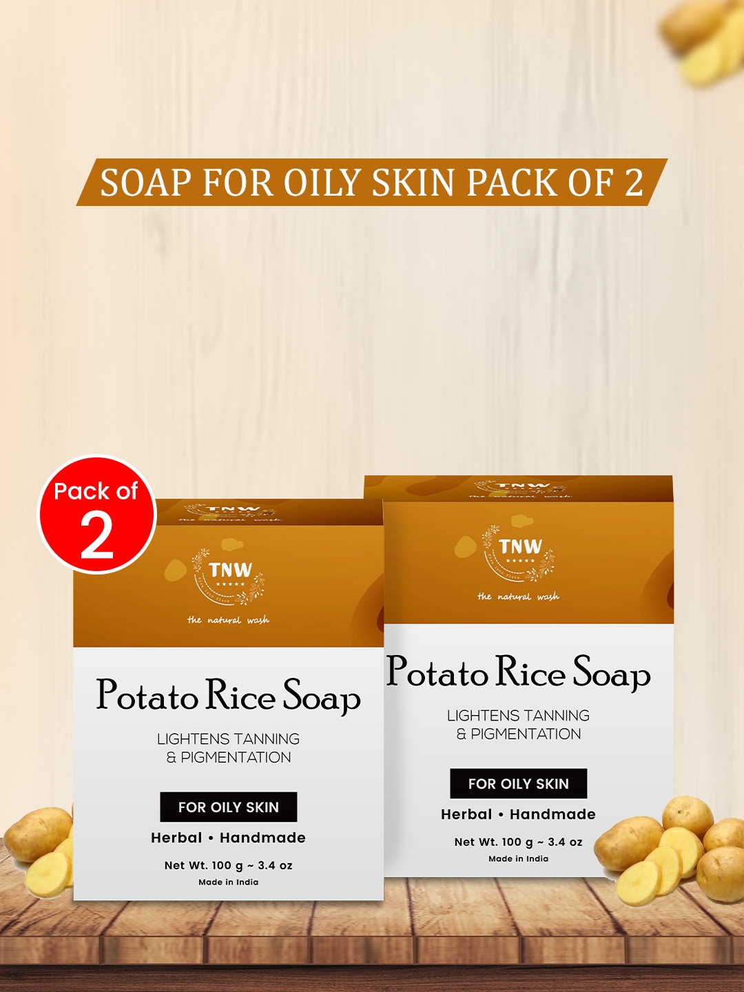 

TNW the natural wash Set of 2 Handmade Potato Rice Soap for Oily Skin - 100 g each, Yellow