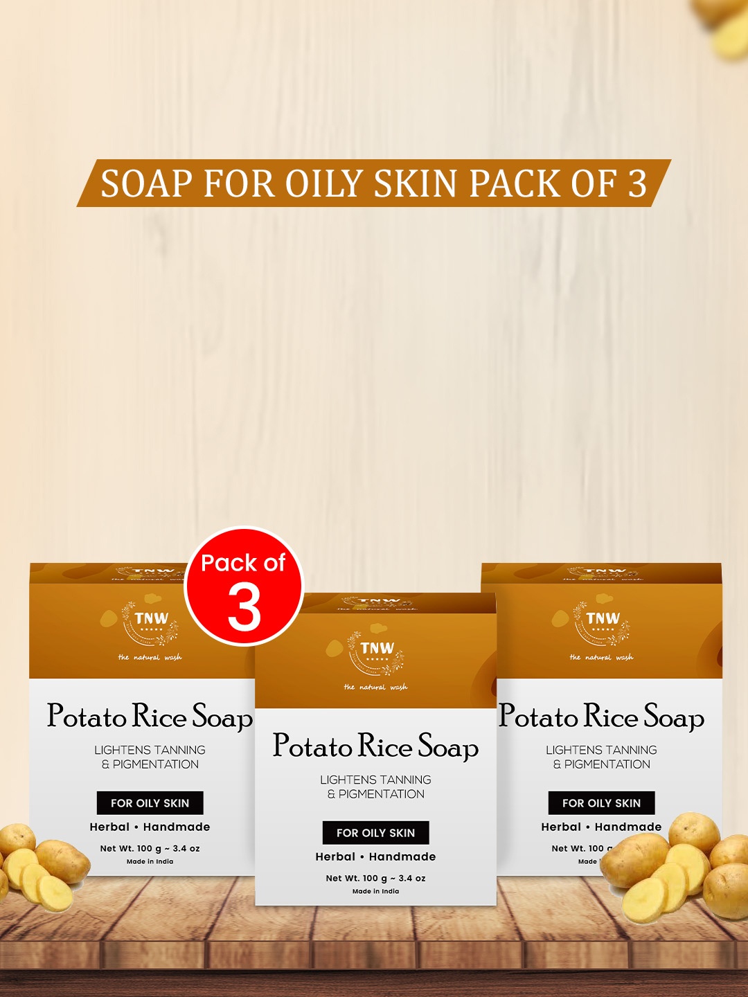 

TNW the natural wash Set of 3 Handmade Potato Rice Soap for Oily Skin - 100 g each, Yellow