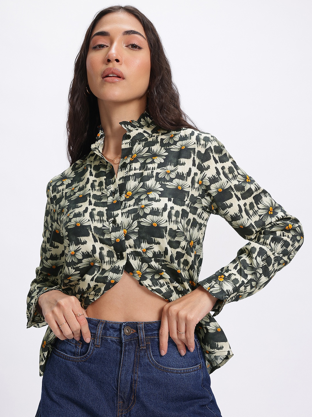 

glitchez Women Floral Opaque Printed Casual Shirt, Black