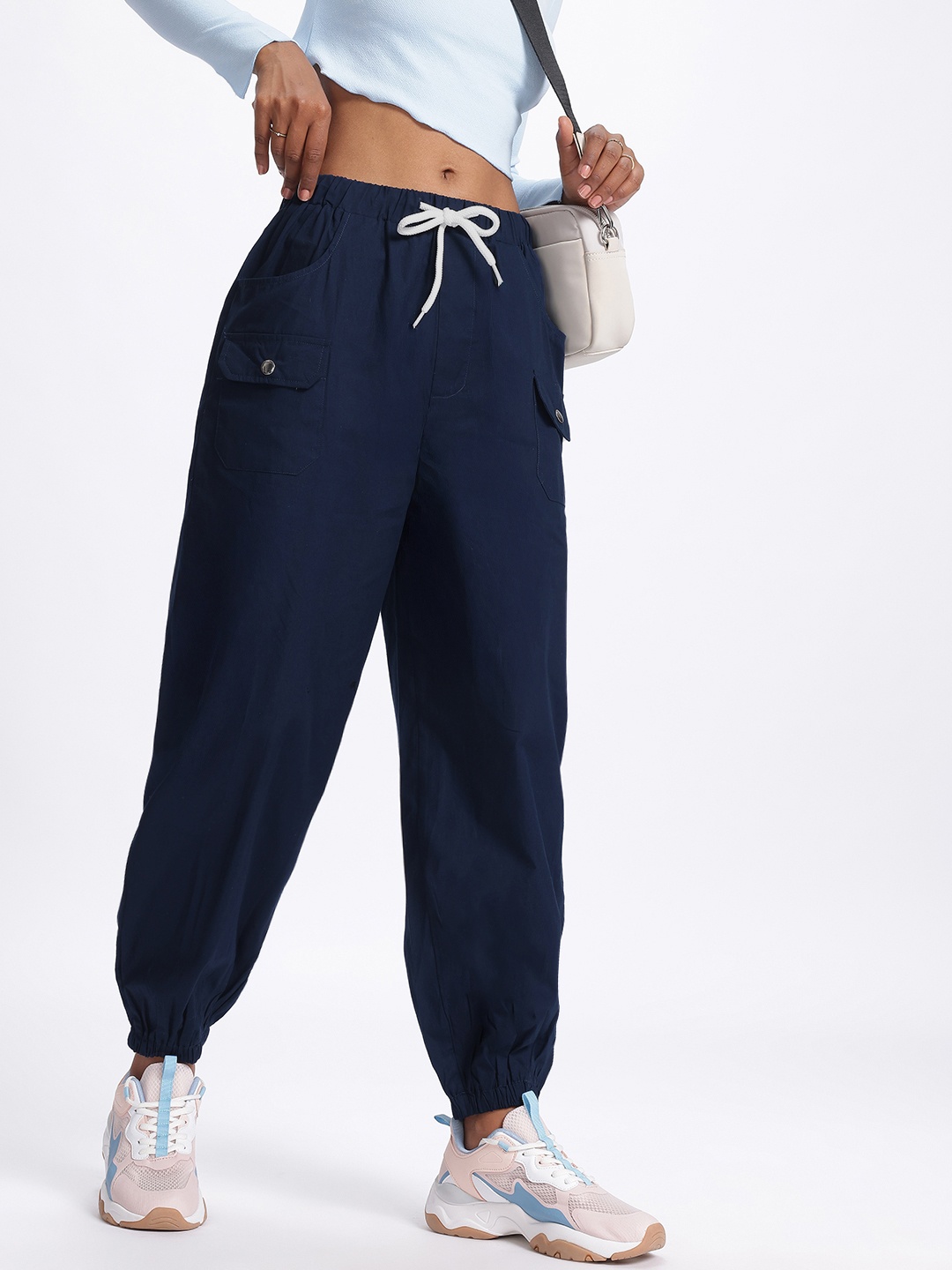 

glitchez Women Utility Chic Cargo-Style Jogger with Drawstring Hem, Navy blue