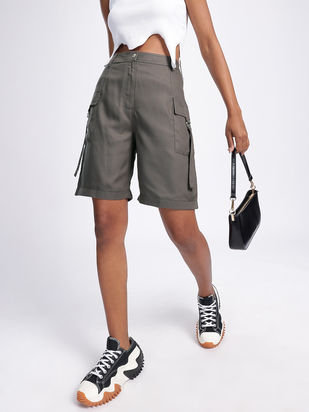 

glitchez Women Utility Core High Waist Cargo-Style Shorts, Charcoal