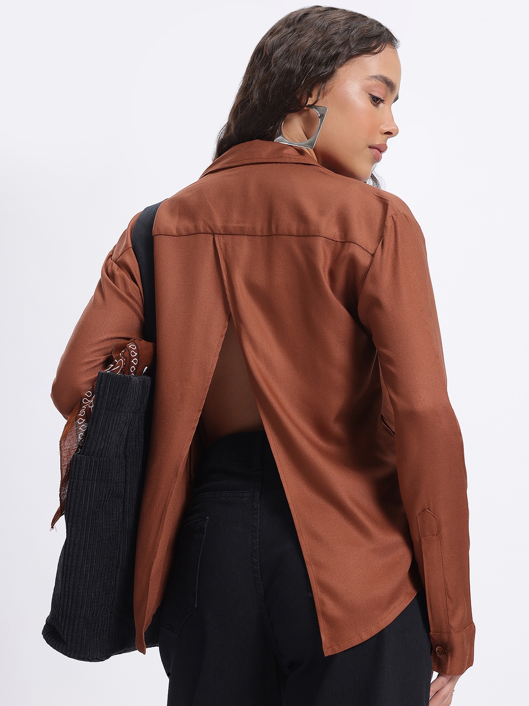 

glitchez Laid Back Slit Relaxed Fit Shirt Style Top, Brown
