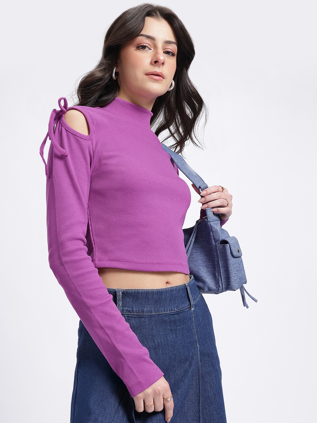 

glitchez Chill Vibes High Neck Ribbed Tie-Up Fitted Crop Top, Purple