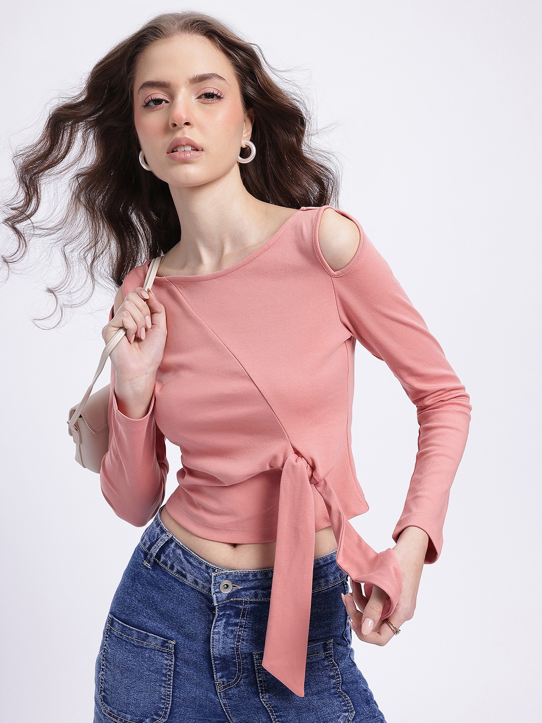 

glitchez Pastel Paradise Cut-Out Sleeves Front Knot Top, Rose