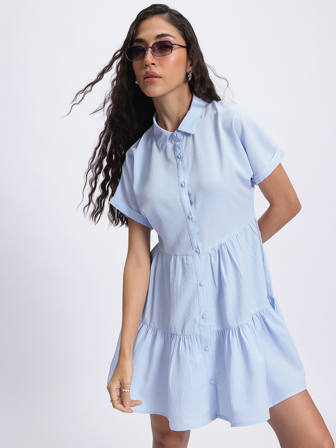 

glitchez Chic & Cheery Tiered Shirt Style Mini Dress, Blue