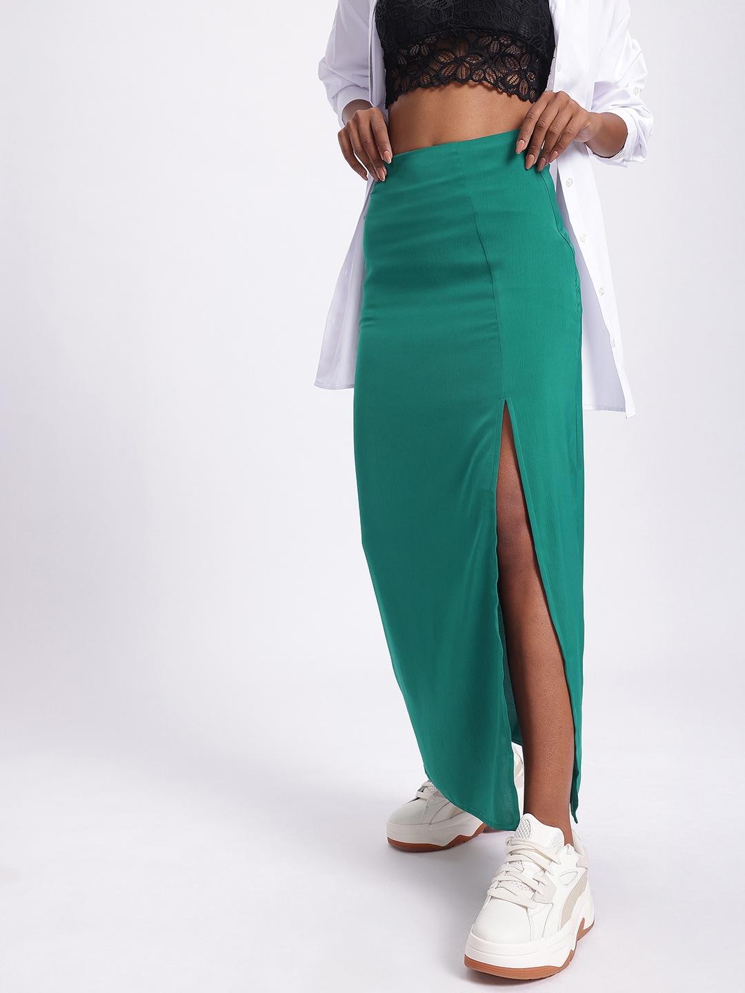 

glitchez Kawaii Vibes High-Slit Maxi Straight Skirt, Teal