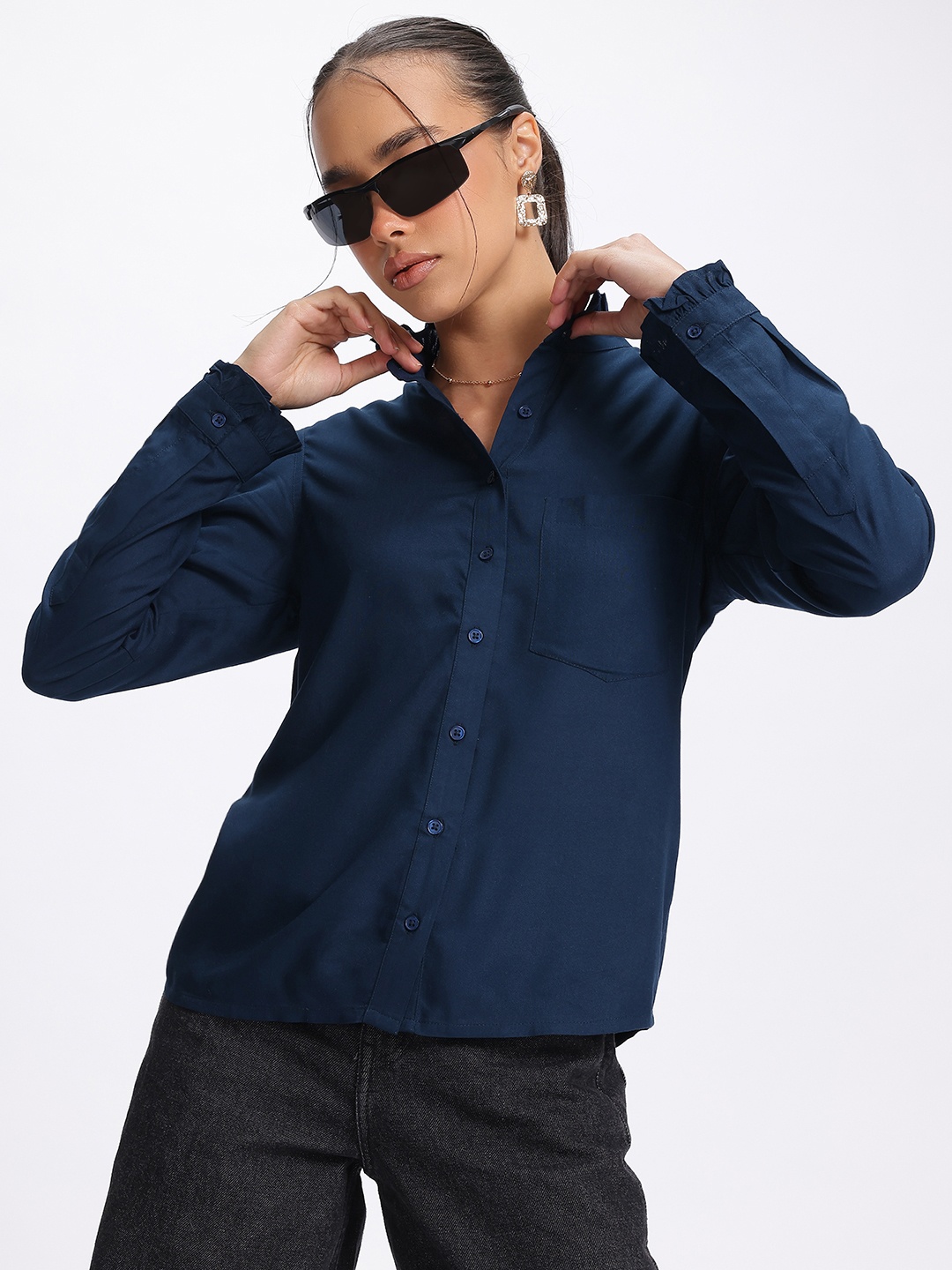 

glitchez Women Opaque Casual Shirt, Navy blue