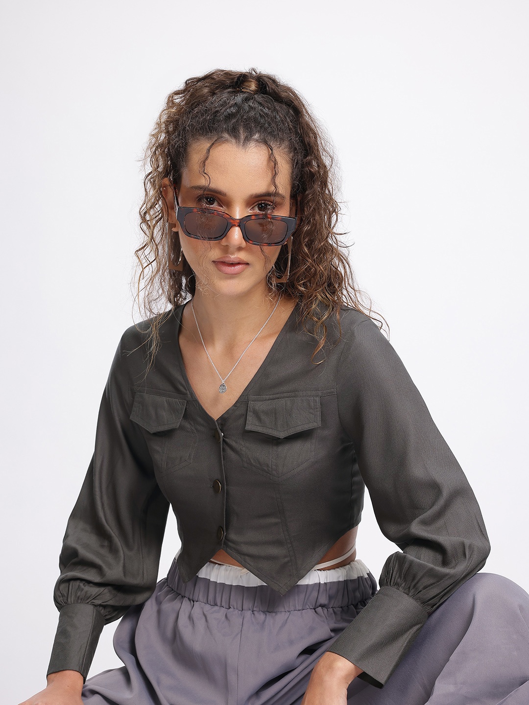 

glitchez Cinched Chic Pocketed Shirt Style Crop Top, Charcoal