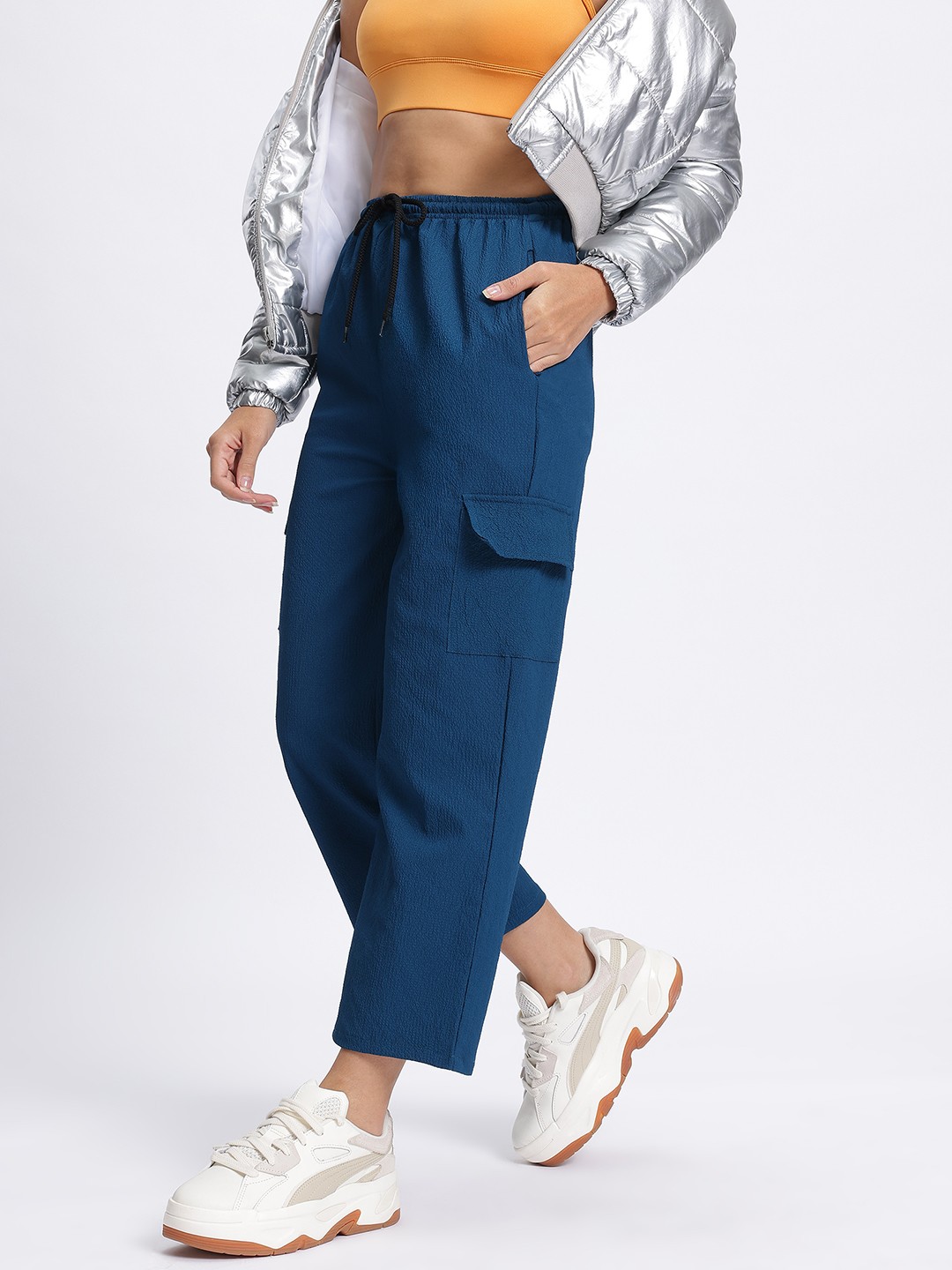 

glitchez Women City Cargo Textured Cropped Trouser, Teal
