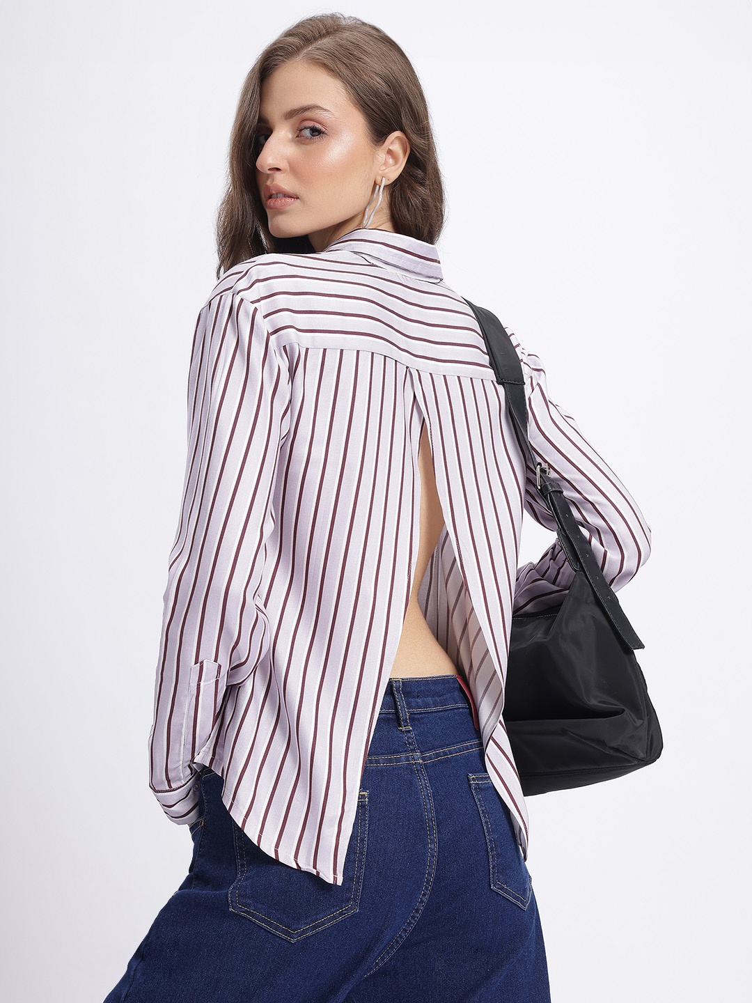 

glitchez Breezy Back Striped Back Slit Relaxed Shirt Style Top, Lavender