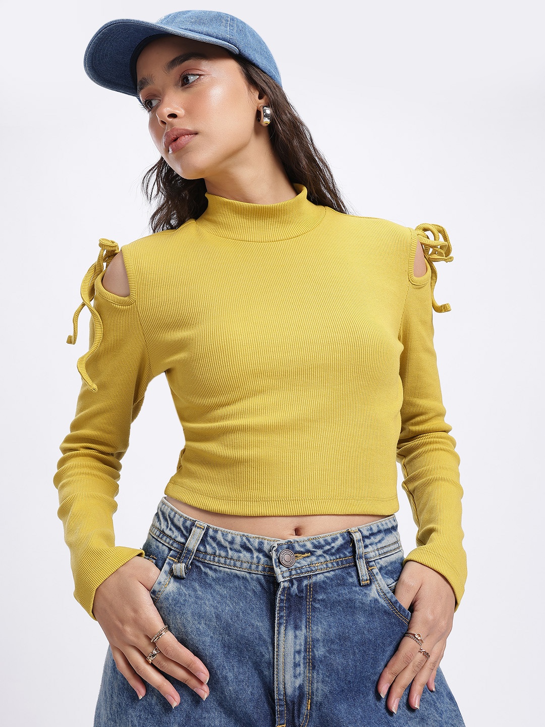 

glitchez Cozy Grunge High Neck Ribbed Tie-Up Fitted Crop Top, Mustard