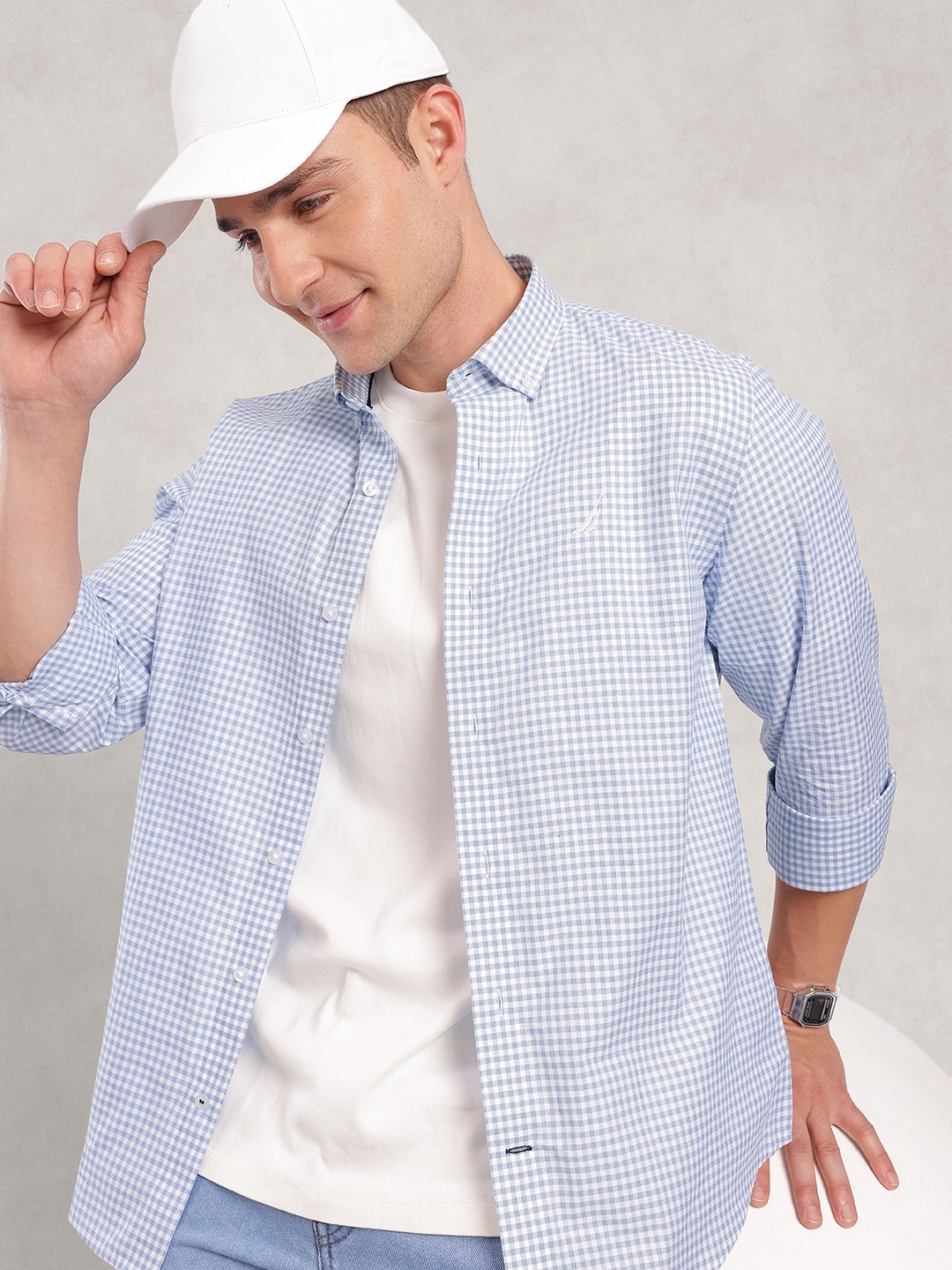 

Nautica Pure Cotton Button-Down Collar Slim Fit Gingham Checks Casual Shirt, Blue