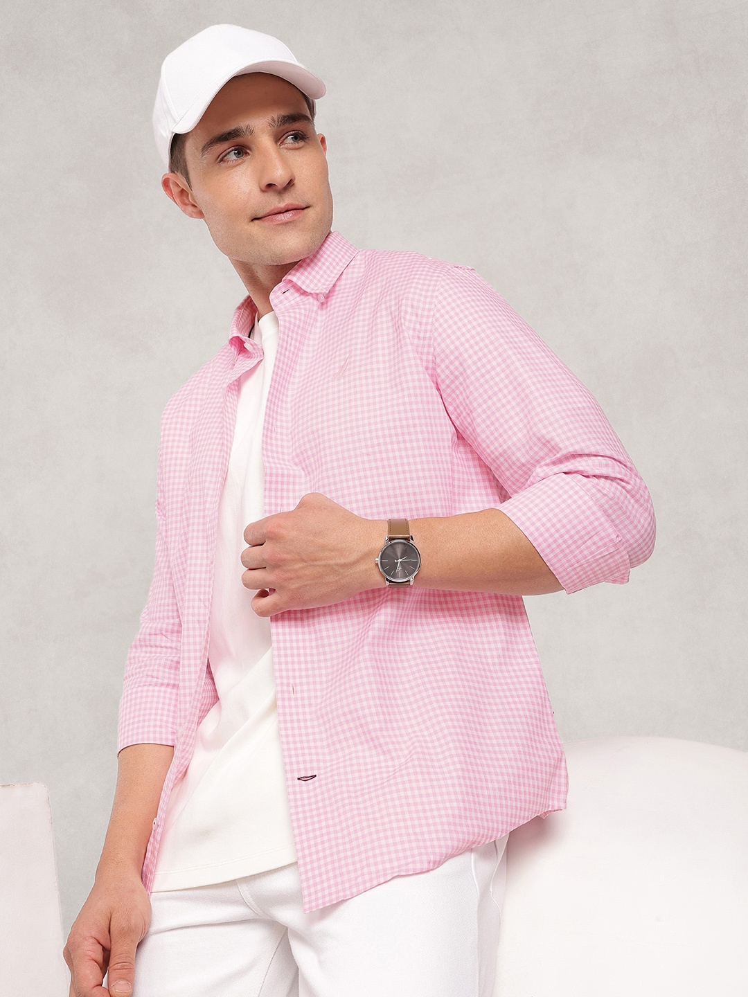 

Nautica Pure Cotton Button-Down Collar Slim Fit Gingham Checks Casual Shirt, Pink