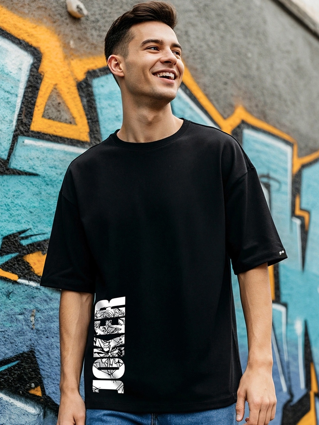 Bewakoof Typography Printed Pure Cotton Oversized T-shirt, Black