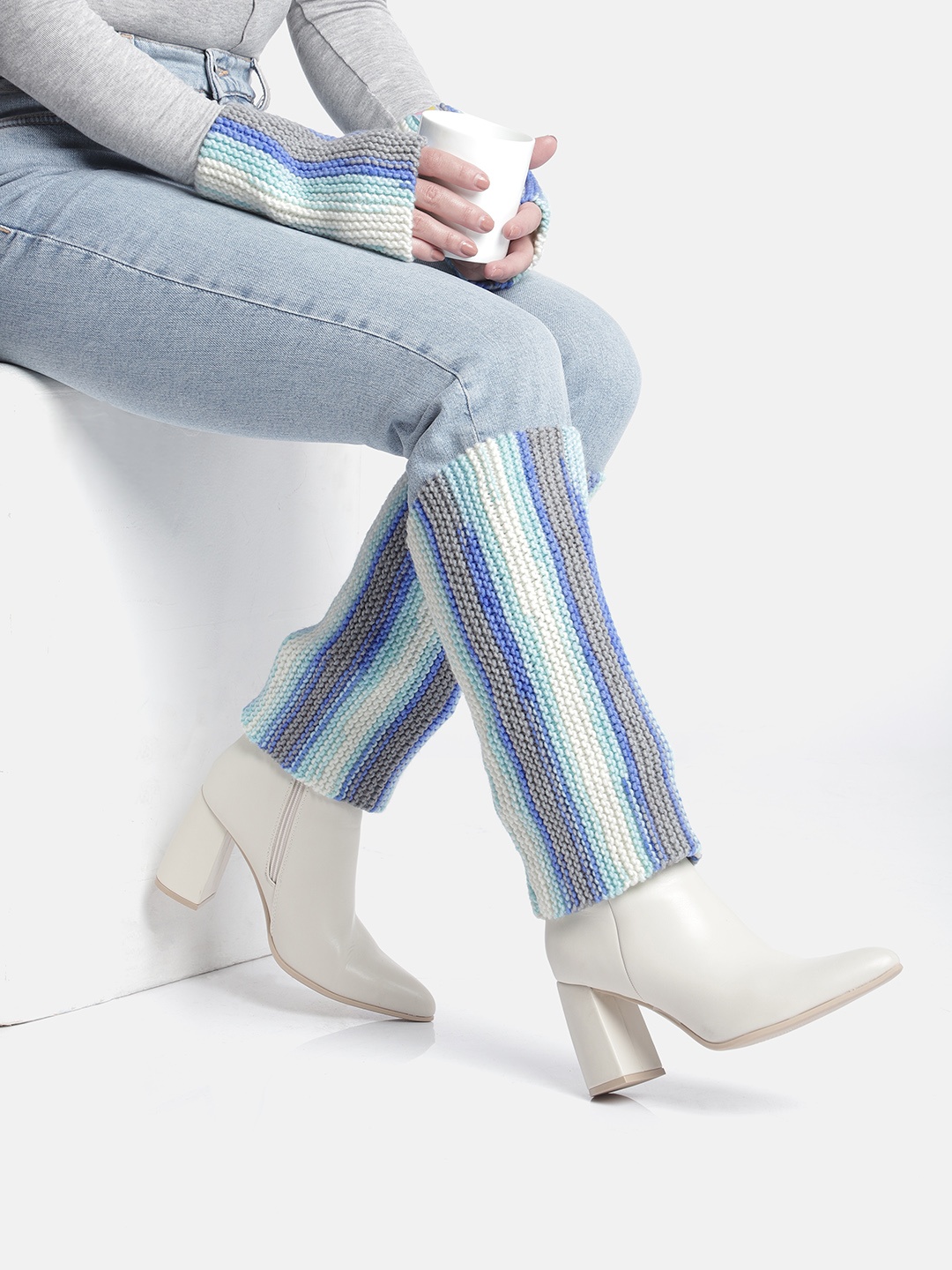 

Magic Needles Unisex Striped Acrylic Winter Gloves & Legwarmers, Blue