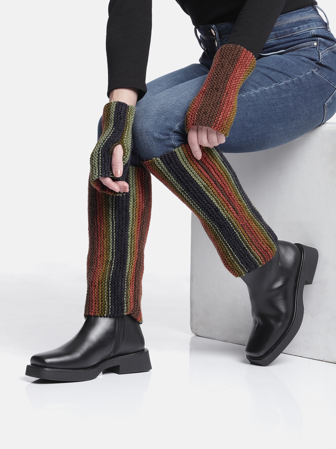 

Magic Needles Unisex Striped Acrylic Winter Gloves & Legwarmers, Multi
