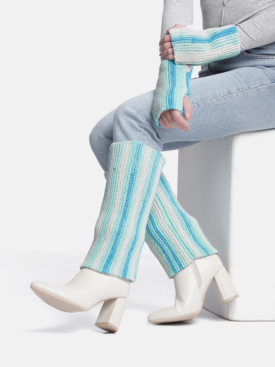 

Magic Needles Unisex Striped Acrylic Winter Gloves & Legwarmers, Blue