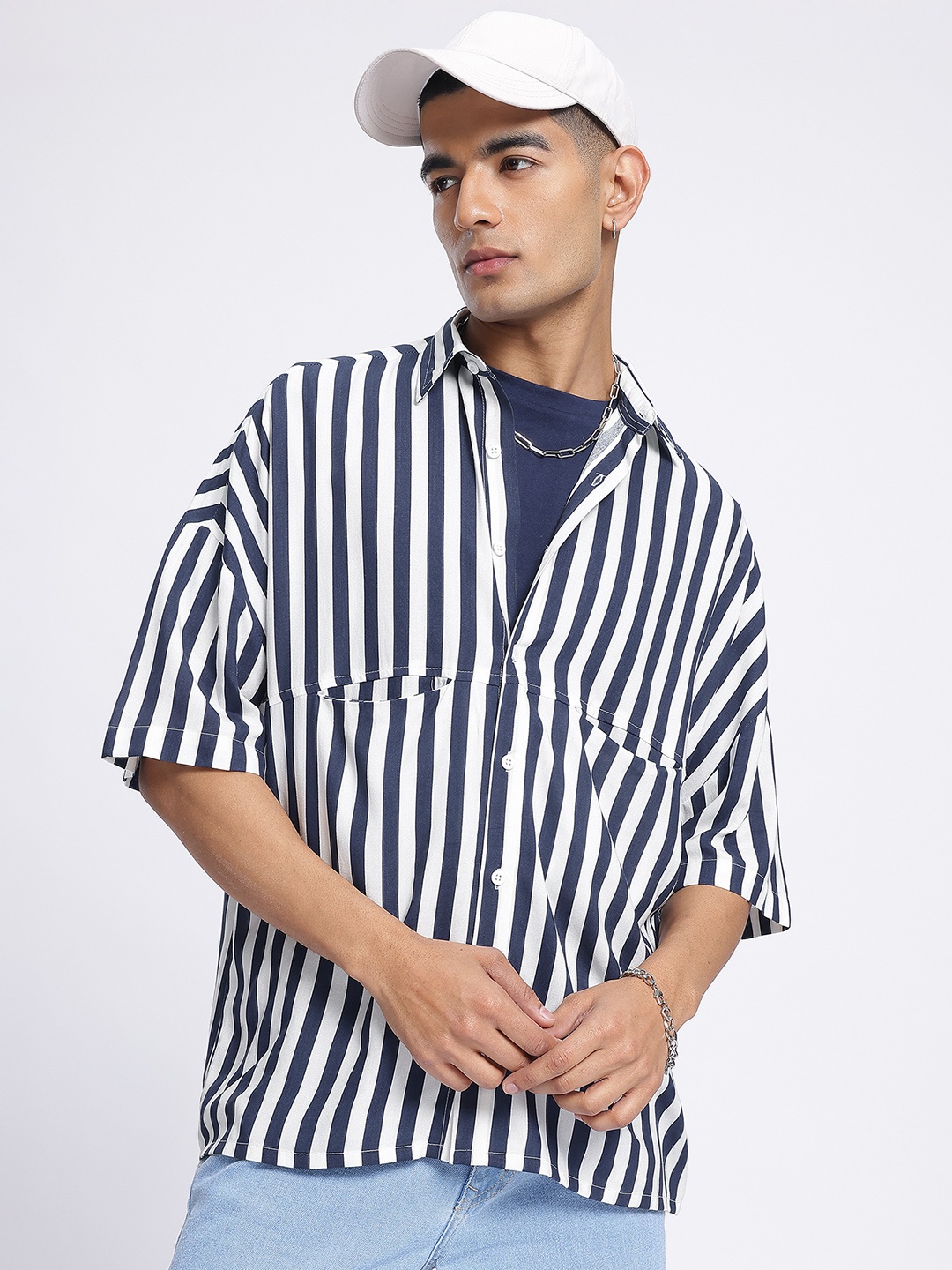 

glitchez Nautical Vibes Striped Relaxed Shirt, Blue