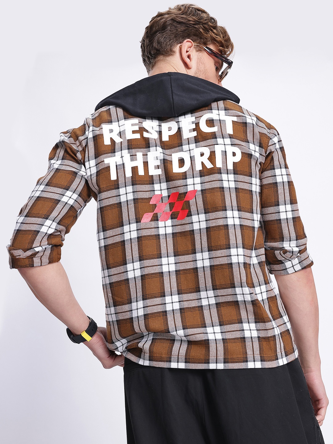 

glitchez Hooded Haze Checked Shirt, Brown