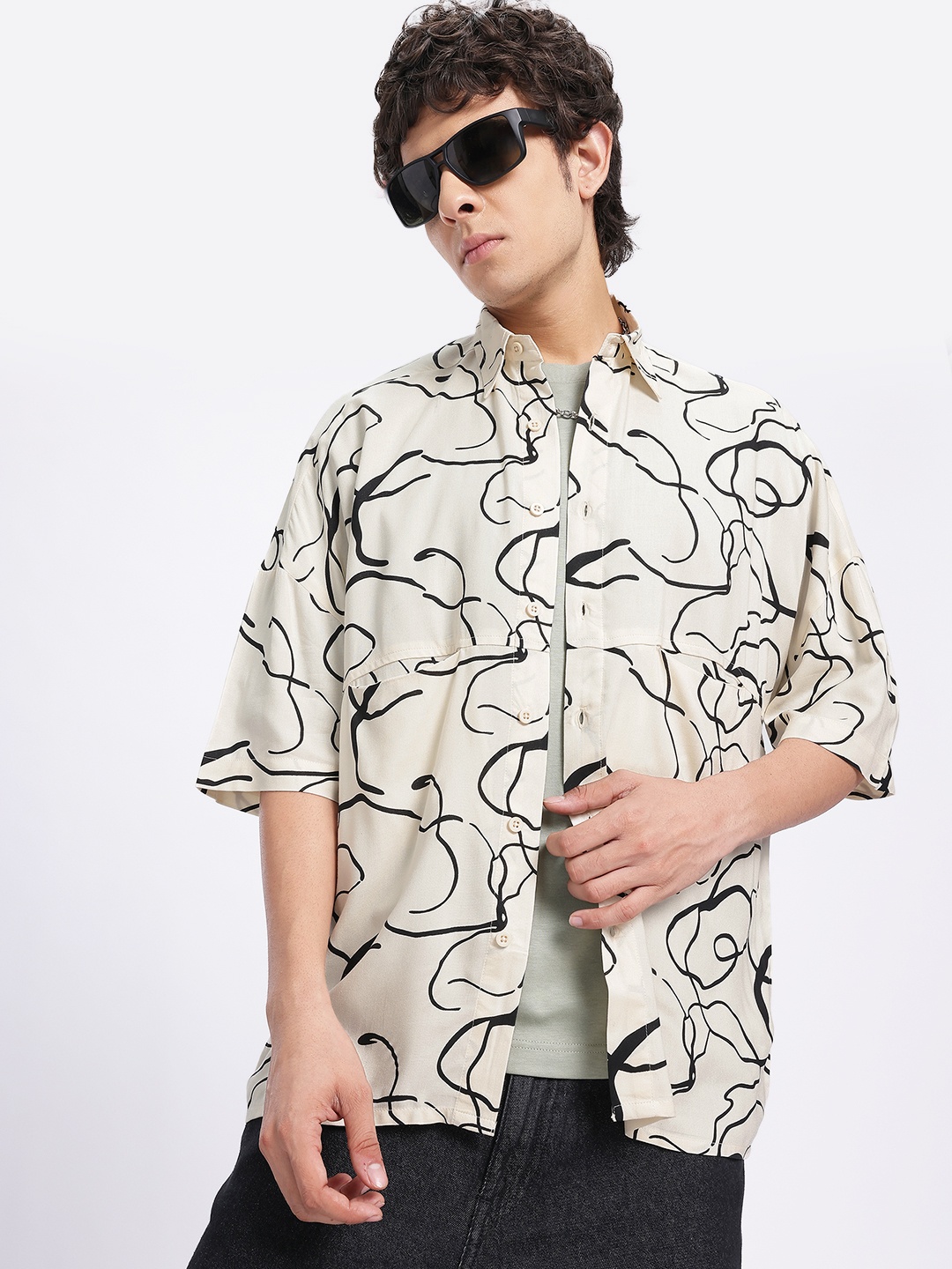 

glitchez Abstract Canvas Printed Oversized Shirt, Cream