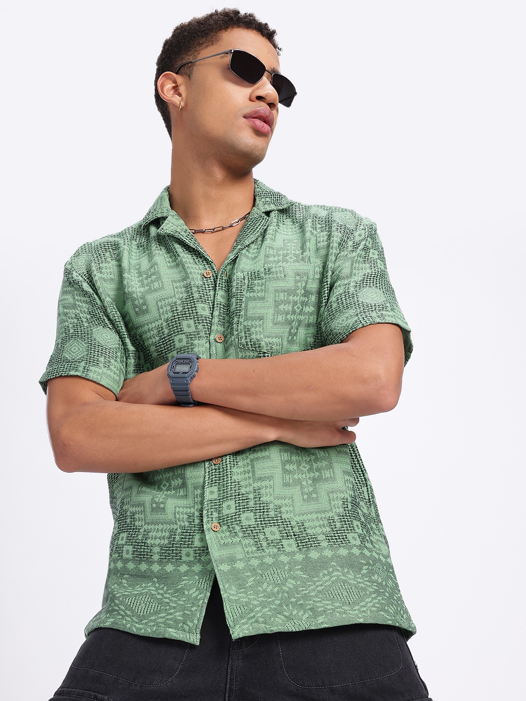 

glitchez Aztec Allure Loosely Woven Relaxed Shirt, Green