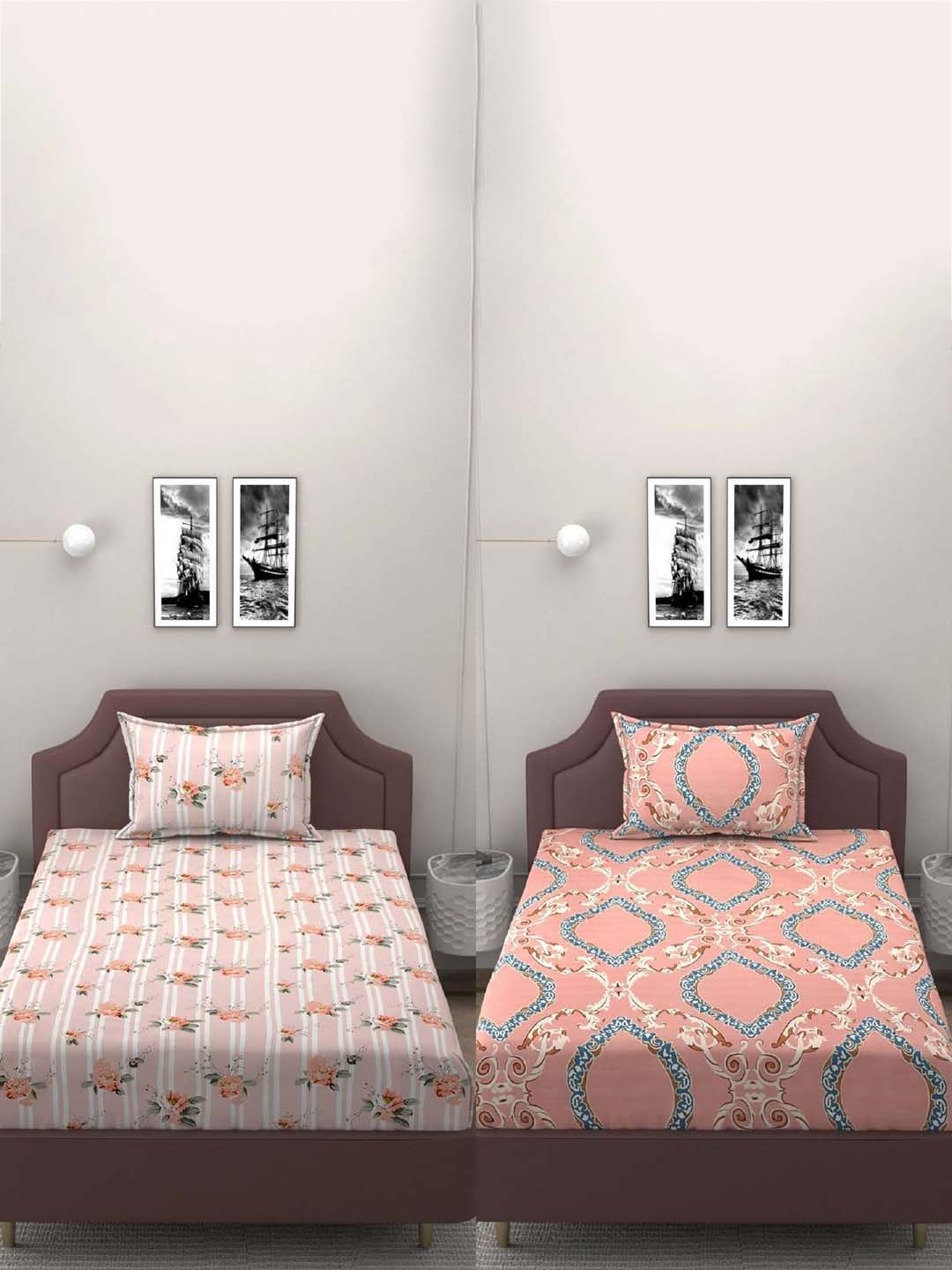 

BELVOSTUM Pink & White 250 TC 2 Single Bedsheet with 2 Pillow Covers