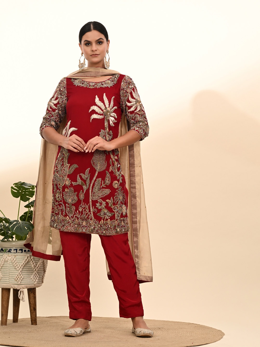 

ZARIKALI Women Ethnic Motifs Embroidered Kurta with Trousers & With Dupatta, Red