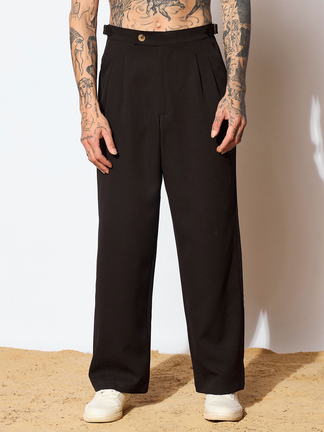 

MASCLN SASSAFRAS Men Loose Fit Pleated Trousers, Black
