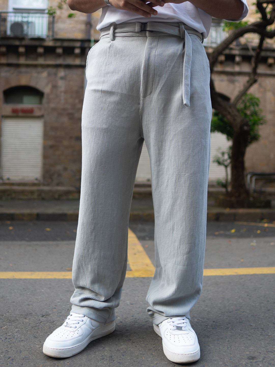 

Powerlook Men Striped Loose Fit Corduroy Trousers, Grey