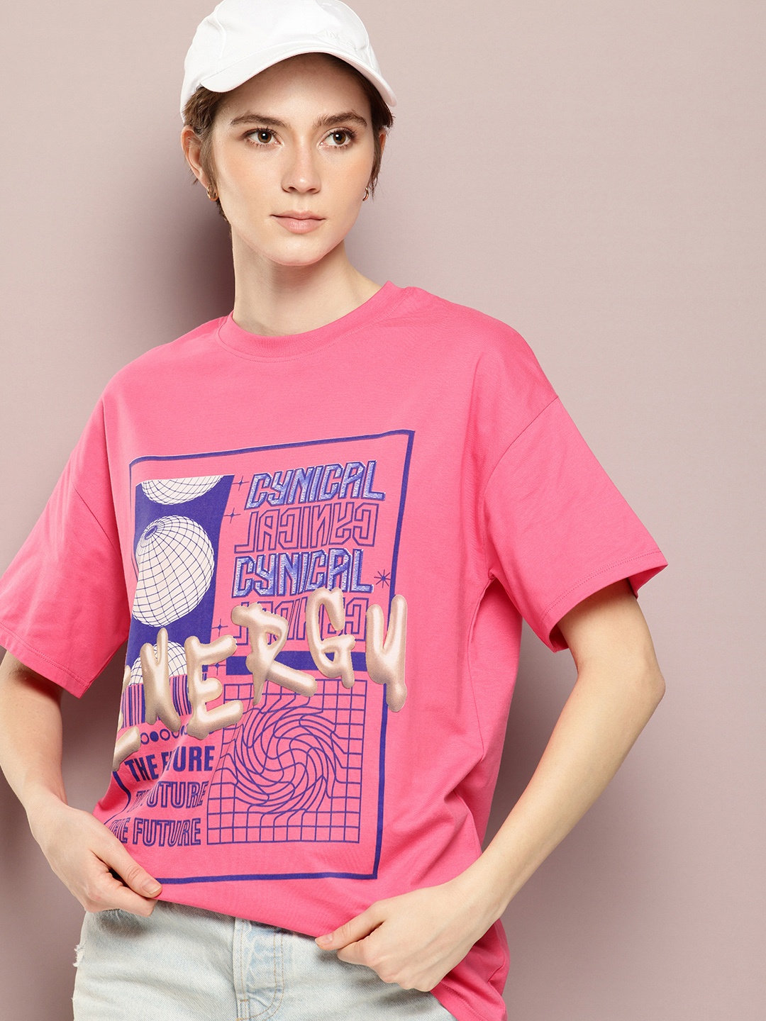 

Kook N Keech Typography Printed Drop-Shoulder Sleeves Oversized T-shirt, Pink