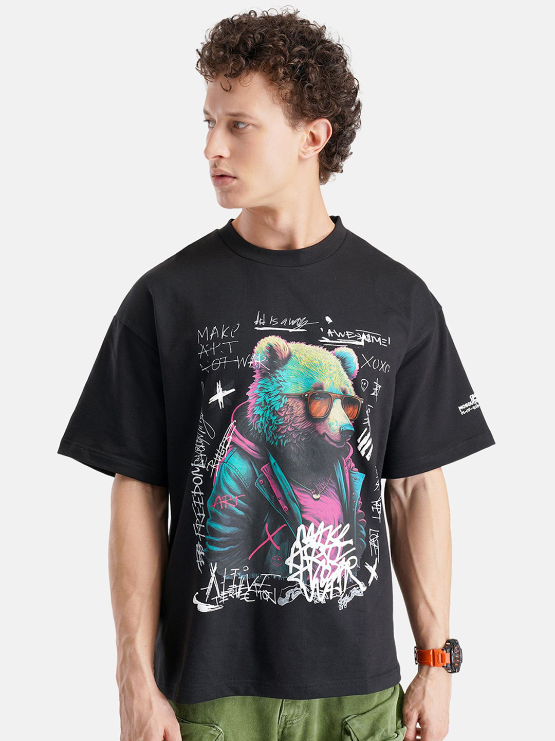 

Crazy Mosquitoes Men Printed Extended Sleeves Pockets T-shirt, Black